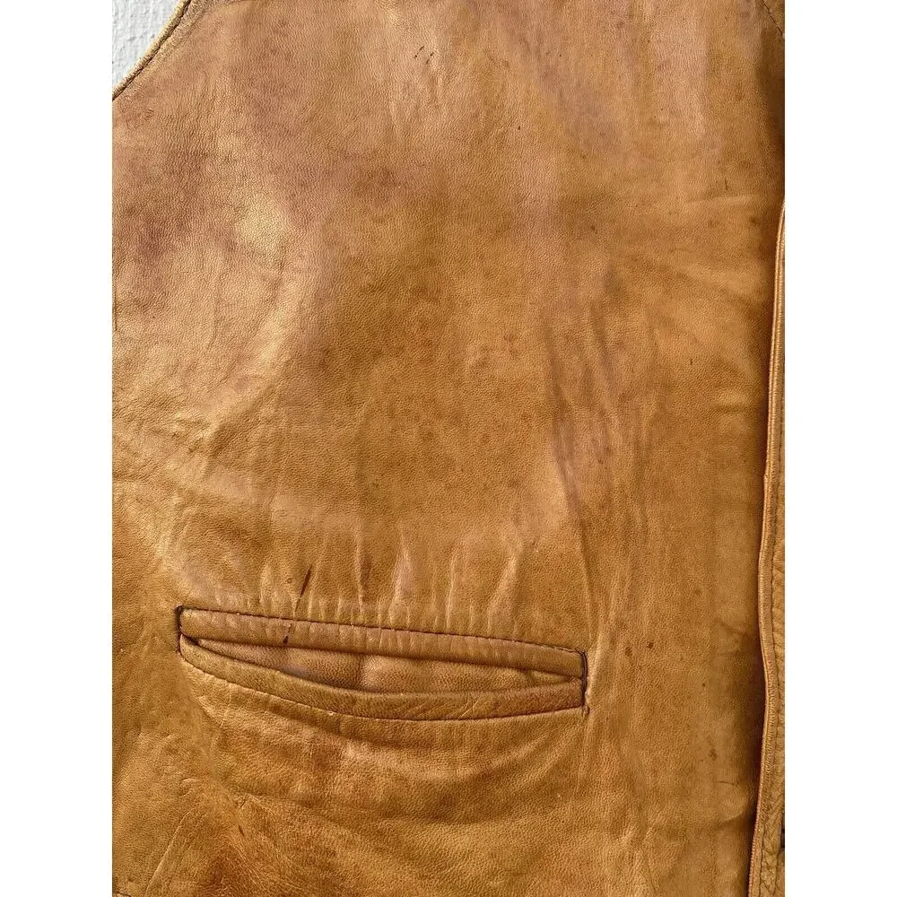 Genuine Leather Men's Vintage Button Vest Made in‎ Mexico Size 44 Tan/Brown